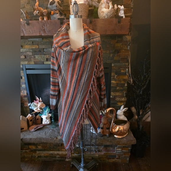 Sweaters - Striped Fringe Shawl in Brown and Orange
